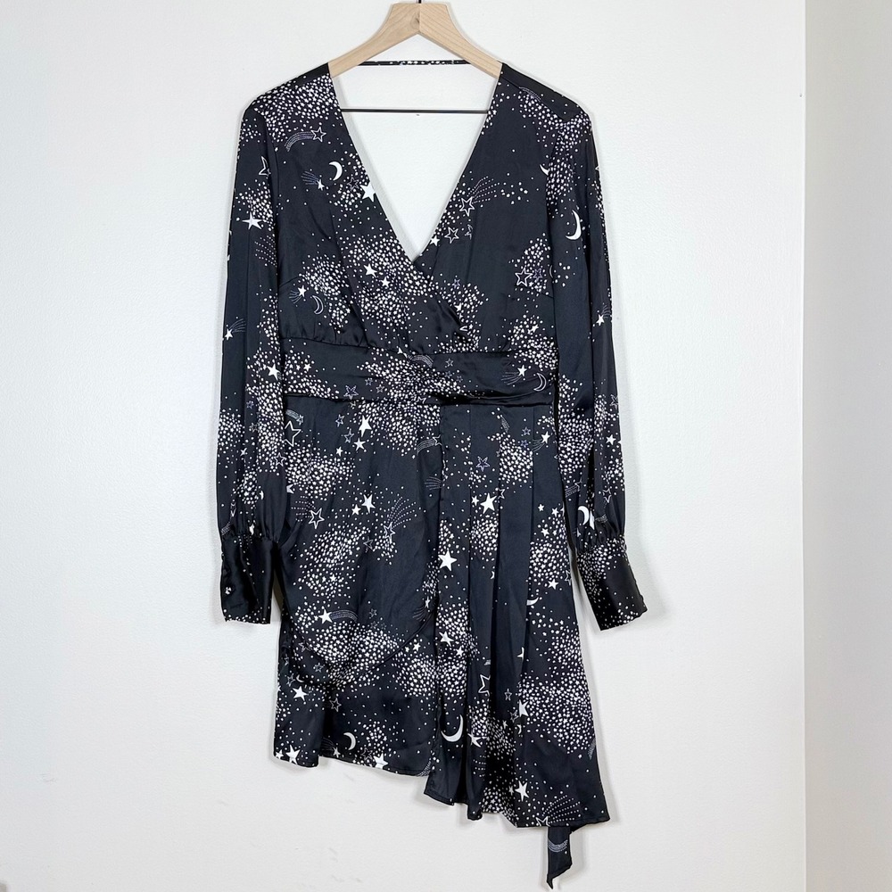 Bar III Womens Dress Size 10 Black Celestial Moon Stars Asymmetrical Whimsigoth